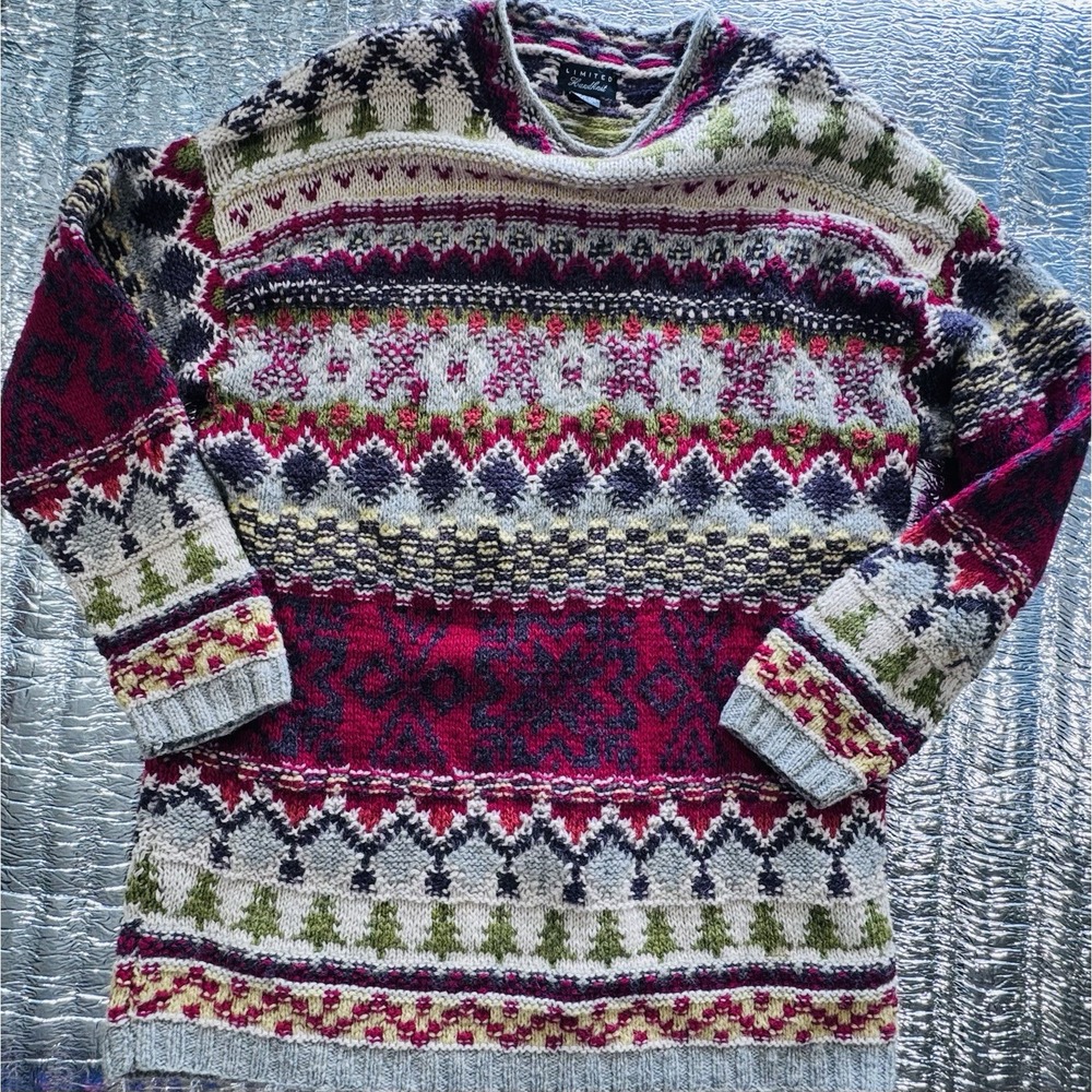 Limited Handknit Fair Isle Wool Sweater Womens Medium Nordic Pullover Red